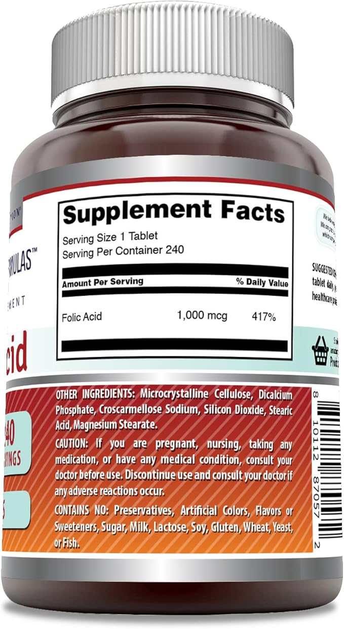 Amazing Formulas Folic Acid 1000 mcg (1 mg) Tablets Supplement | Vitamin B9 | Non-GMO | Gluten Free | Made in USA (240 Count | 3 Pack)