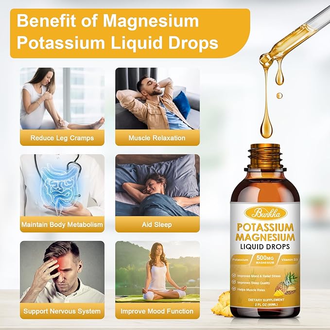 Potassium Magnesium Supplement - High Absorption Magnesium Complex 500mg & Potassium 99mg Plus Calcium, Vitamin D3, Zinc, Sugar Free Drops Supplement for Leg Cramps, Energy, Metabolism, for Adult