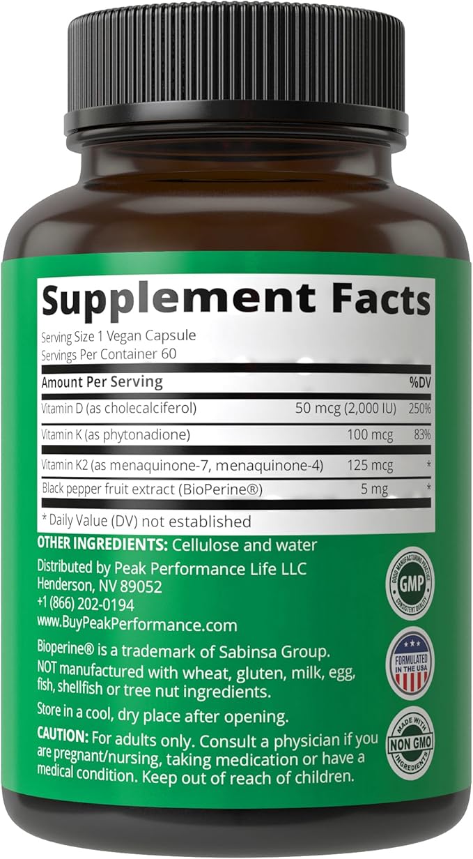 Peak Performance Advanced Vitamin D 2000 IU with All 3 Types of Vitamin K Vitamin D3 and Vitamin K2, K1, MK-7 (MK7), MK4 Supplements. 60 Small and Easy to Swallow Vegetable Pills (2000 IU)