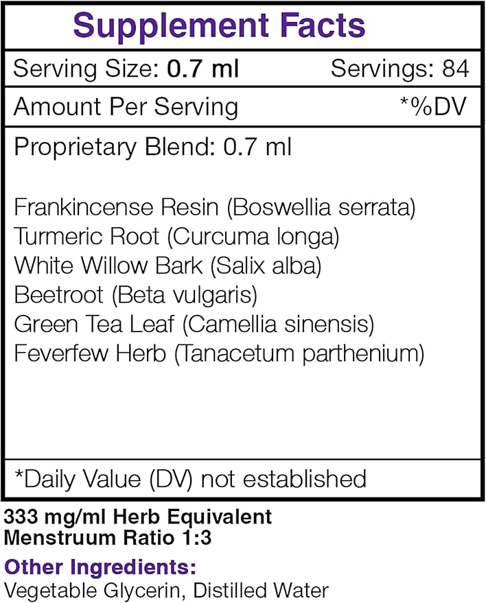 Minor Pain Care Alcohol-Free, Glycerite Frankincense, Turmeric, White Willow, Beet Root, Green Tea, Feverfew. Tincture, Herbal Extract Musculoskeletal Pain Formula 2 OZ