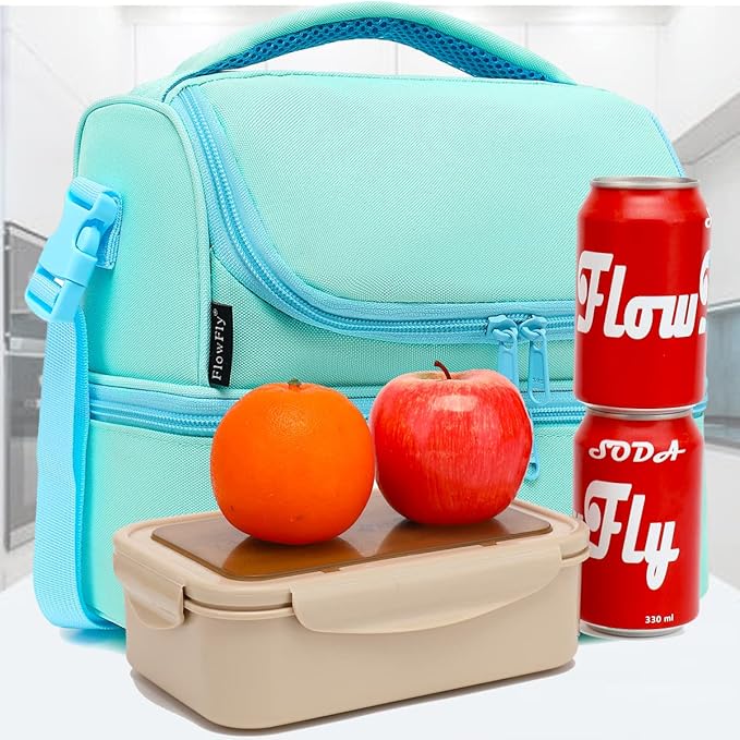 FlowFly Double Decker Cooler Insulated Lunch Bag Large Tote for Boys, Girls, Men, Women, With Adjustable Strap,Light Blue