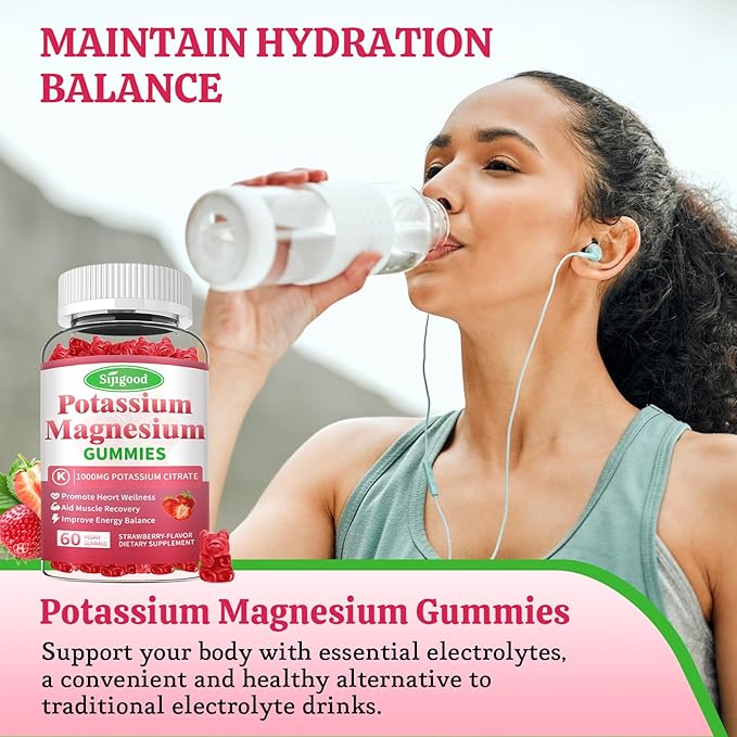 Potassium Magnesium Gummies, High Absorption Magnesium Potassium Supplement with Vitamin B6 for Leg Cramps & Muscle Health, Strawberry, 60 Count