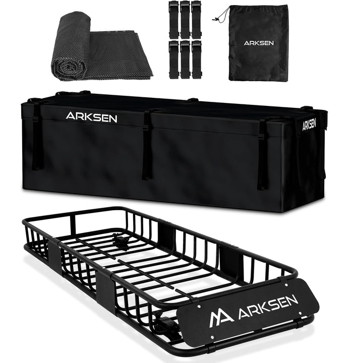 ARKSEN Skinny Roof Rack Cargo Carrier with Waterproof Bag & Anti-Slip Mat, Heavy Duty Weather Resistant Top Mount Cargo Basket, Luggage & Camping Gear Storage for Car, Truck or SUV Transport