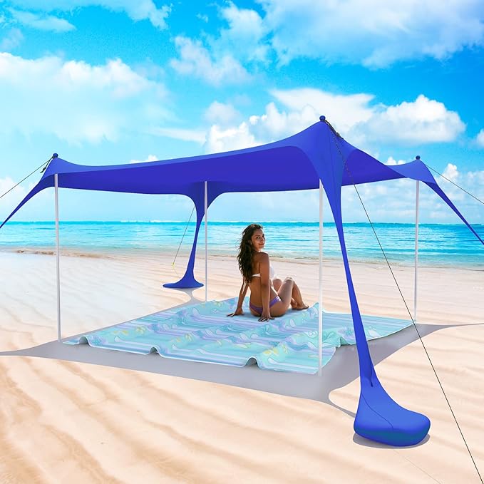 Beach Tent Pop Up Shade Canopy Sun Shelter UPF50+ with 2 Stability Poles/Carry Bag/Ground Pegs/Sand Shovel/Windproof Ropes Portable Outdoor Family Sunshade for Beach Camping(Navy Blue,10×10FT)