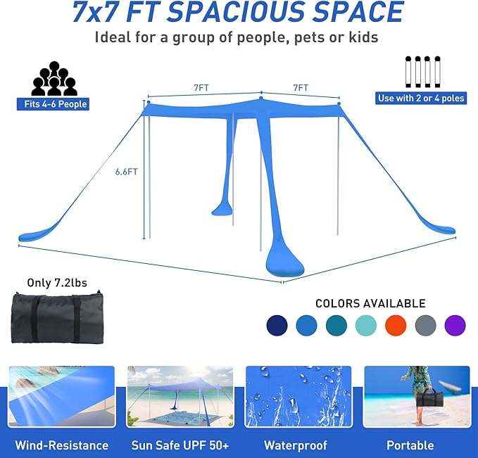 Beach Tent Pop Up Shade Canopy Sun Shelter UPF50+ with 4 Stability Poles/Carry Bag/Ground Pegs/Sand Shovel/Windproof Ropes Portable Outdoor Family Sunshade for Camping (Royal Blue,7×7FT)