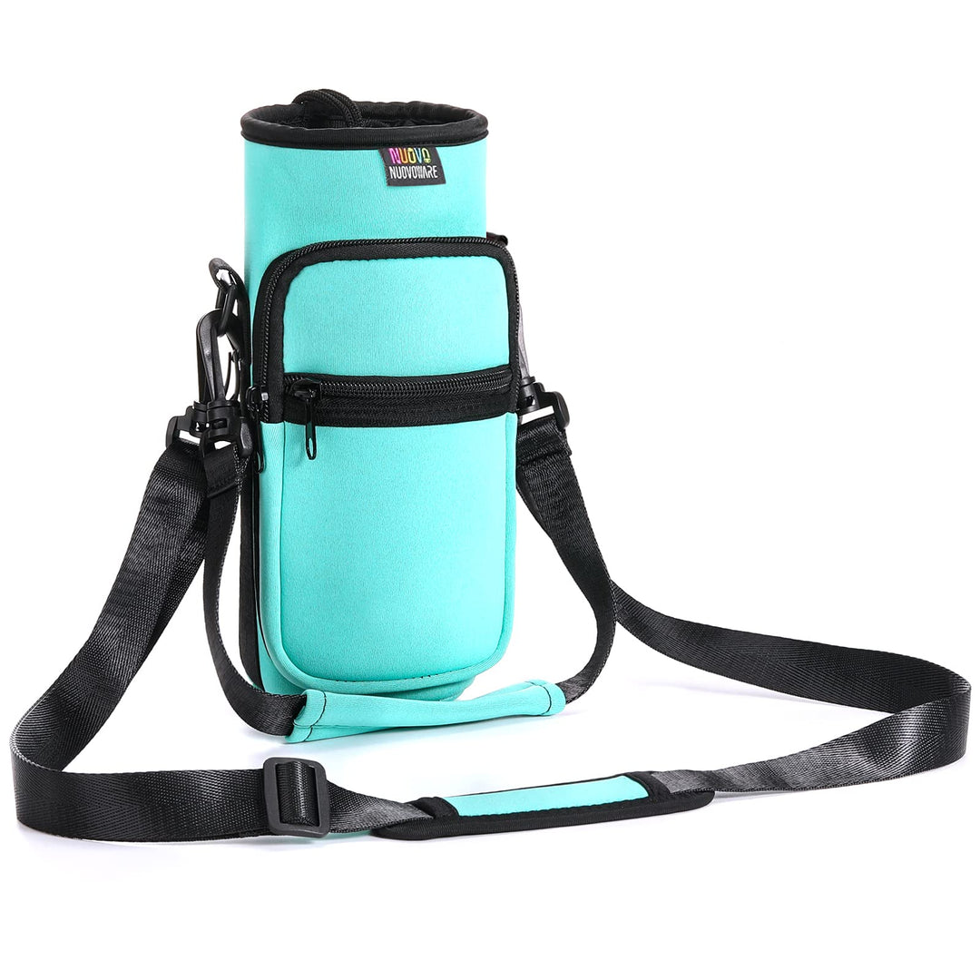 Nuovoware Water Bottle Carrier Bag, 25oz/32oz Bottle Pouch Holder, Adjustable Shoulder Hand Strap 2 Pocket Sling Neoprene Sleeve Sports Water Bottle Bag for Men Women Kids Hiking Travel, Turquoise