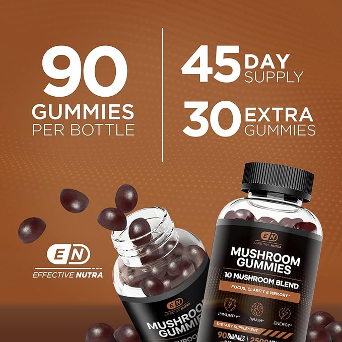 Mushroom Gummies 2500mg | 10 Blend w/Lions Mane, Reishi, Chaga, Cordyceps & More | Focus, Memory, Immunity, Energy | Natural Berry Flavor Supplement | Vegan, Made in USA (90ct)