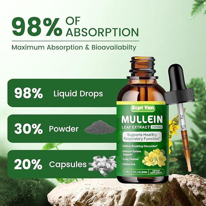 Mullein Drops for Lungs - 1500mg Mullein Leaf Extract Liquid Organic Herbal Supplement Support Lung Detox & Cleanse, Immune, Respiratory Function for Healthy Breathing - Natural Flavor, 2 Fl Oz, Vegan
