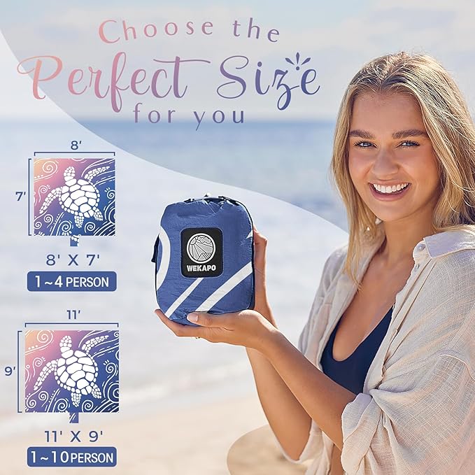 WEKAPO Beach Blanket Waterproof Sandproof Oversized Extra Large Sand Free Beach Mat with Stakes, Storage Bag - Essentials for Outdoor Beach, Picnic (Deep Blue Sea Turtle, 8 X 7 FT (1~4 Person))