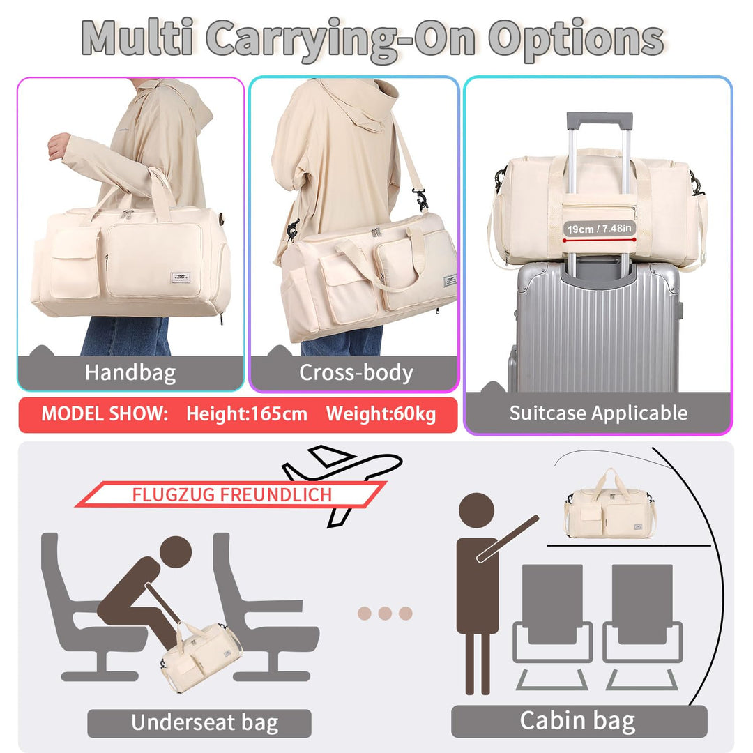 FIORETTO Women's Water-Resistant Gym Duffle Bag with Shoes Compartment, 37L Capacity, Multi-Functional, Ideal for Travel, Gym, Sports, Weekender, with Toiletry Bag, Beige