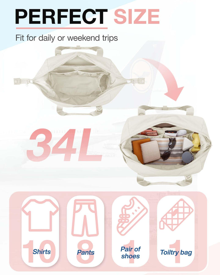 BAGSMART BAGSMART Gym Bag for Women, Carry on Weekender Overnight Bag, Travel Duffel Bags with Trolley Sleeve, Personal Item Travel Bag Tote Bag Workout Dance Bag, Beige-34L