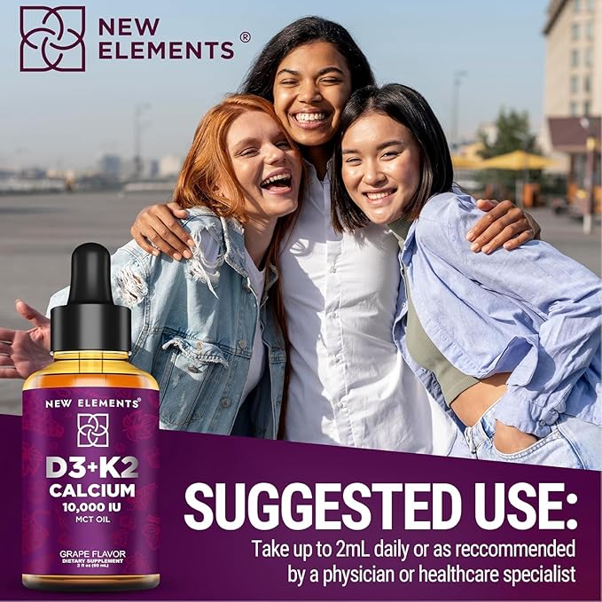 [2 𝐏𝐚𝐜𝐤] Liquid Vitamin D3 K2 Drops with Calcium for Adults | Vitamin D3 10,000 IU | D3 K2 with Calcium for Bone Health & Immunity Support | Joint Health Supplement | Non-GMO | Vegan