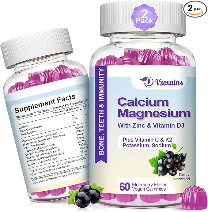 High Absorption Calcium Gummies, Sugar Free Calcium Magnesium Supplement with Potassium Vitamin D3 for B0ne & Teeth Strength, Muscle Function - Vegan, Elderberry Flavor 120 Cts