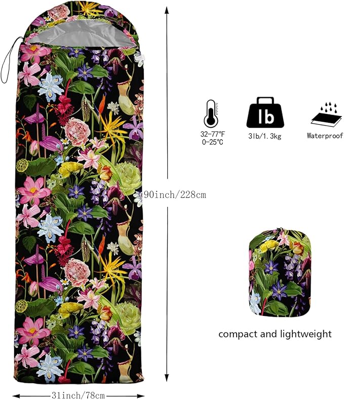 AILONEN Kids Floral Cat Camping Sleeping Bags,Lightweight & Waterproof,3 Season Warm & Cool Weather,Kawaii Kitten Sleeping Bags for Girls Adults,Travelling,Outdoors