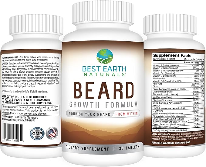 Best Earth Naturals Beard Growth Formula for Men Vitamins, Nutrients, Biotin, Saw Palmetto, and PABA for Facial Hair Growth 30 Count