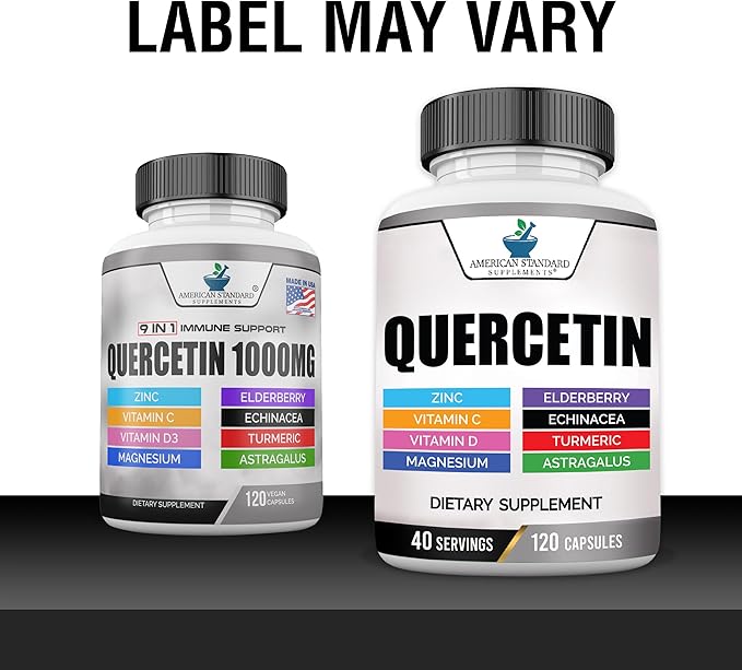 American Standard Supplements Quercetin 1000mg Per Serving with Zinc, Vitamin C, Vitamin D3, Magnesium, Elderberry, Echinacea, Turmeric, Astragalus - Gluten Free, Non-GMO, 120 Capsules, 40 Servings