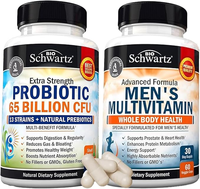 Advanced Daily Men's Multivitamin with Vitamin C A B D3 E and Zinc (1 Month Supply) Plus 65 Billion CFU Daily Probiotic Supplement (1 Month Supply)