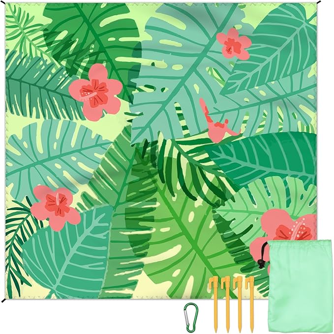 Beach Blanket Waterproof Sandproof Large Beach Mat 79" X 83" for 2-4 Adults Sand Free Mat Quick Drying,Lightweight & Durable with 4 Stakes & 4 Corner Pockets for Beach Travel Camping Hiking.(Green)