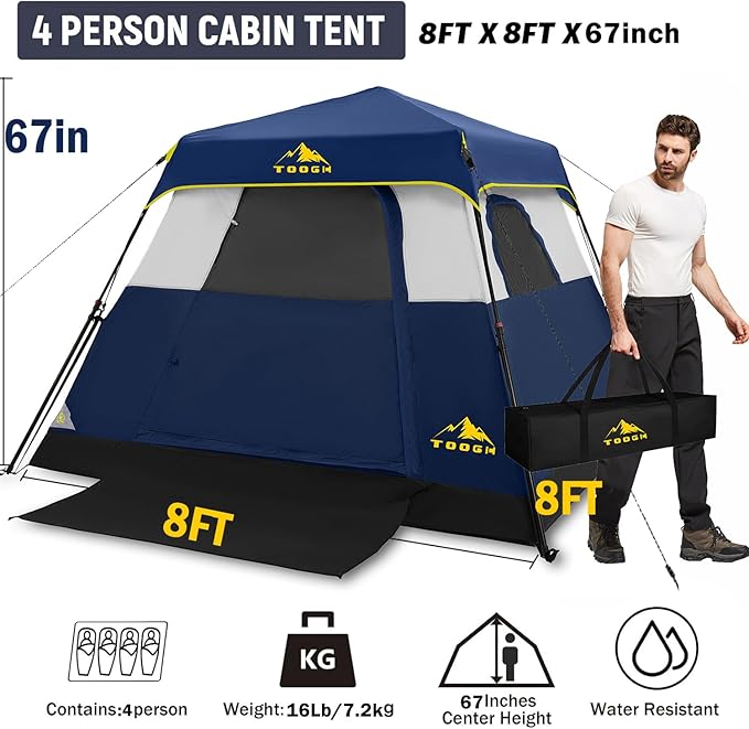 3/4 Person/6 Person Camping Tent Fast Cabin Tent with Instant Setup Tent, Weatherproof Tent Easy Quick Set Up & Pop Up in 60 Seconds with Rainfly Backpack for Family Camping,Upgraded Ventilation