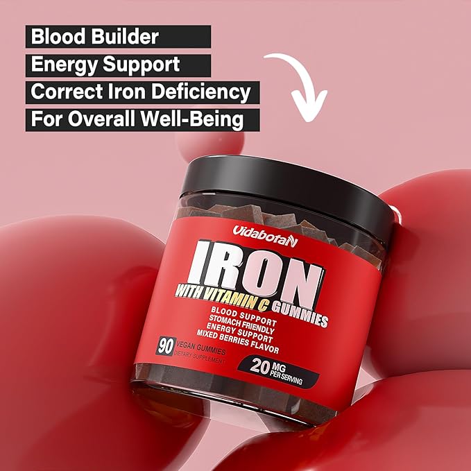 Sugar Free Iron Gummies for Women Men & Kids-Iron Supplement 20mg with Vitamin C for Iron Deficiency, No Rust Taste, Gentle Iron for Stomach, Mixed Berries Flavor, 90 Vegan Gummies.