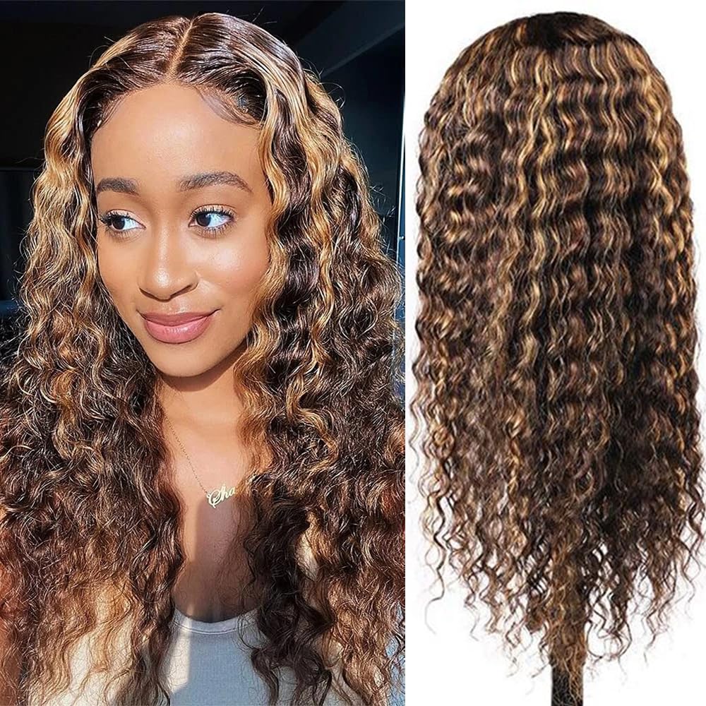 Pinketer Honey Blonde Curly Lace Front Wig Human Hair 13X4 Ombre Highlight Deep Wave Lace Front Wigs Human Hair 180% Density Hum