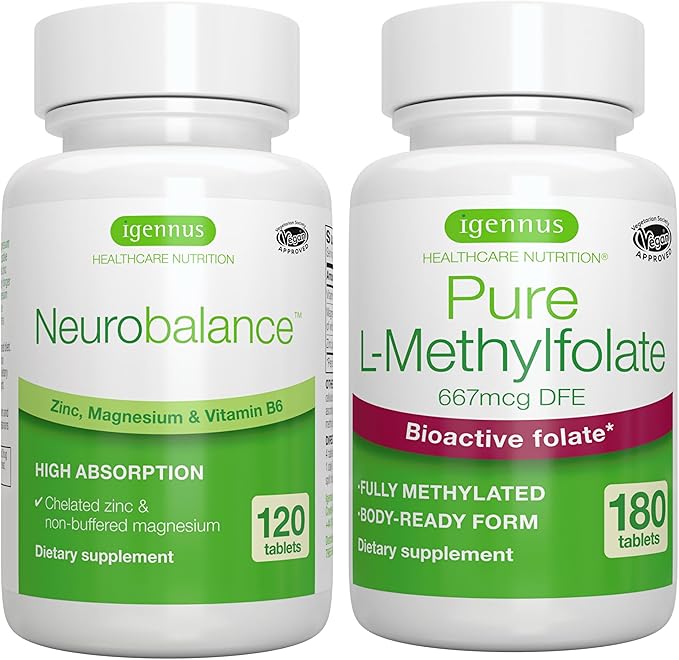 Neurobalance Zinc, Magnesium & Vitamin B6 + Pure Folate 400mcg Vegan Bundle, Chelated Zinc Picolinate 24mg, Oxide-Free Magnesium & Vitamin B6 + Optimized L-Methylfolate, by Igennus