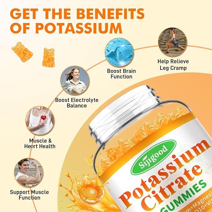 Potassium Citrate Gummies – High Potency Potassium Supplement for Muscle Health, Leg Cramp Relief, Electrolyte Balance – Vegan, Non-GMO, Gluten-Free, Orange Flavor, 60 Count