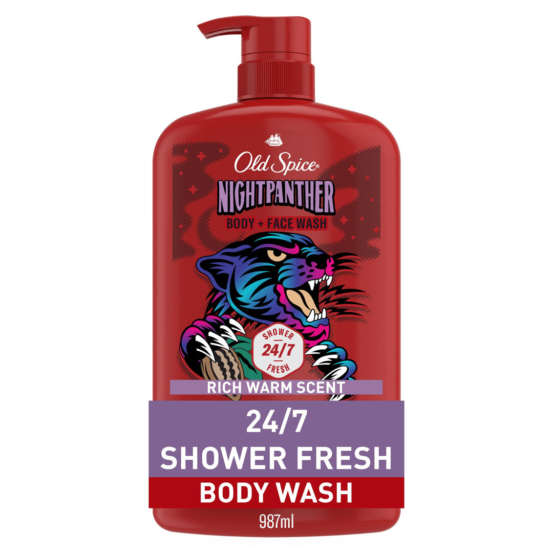 Old Spice Cleansing Body Wash for Men, 3X Defense, 24/7 Shower Fresh with Lasting Scent, 2-in-1 Body & Face Wash, NightPanther with Rich Warm Scent, 33.4 oz
