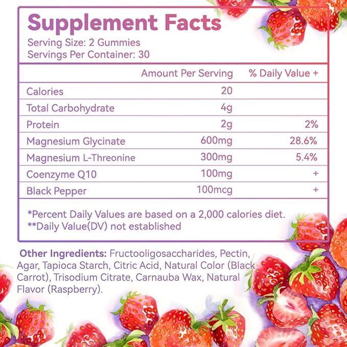 Magnesium Glycinate Gummies 600mg, Magnesium Gummies for Women & Men, with Magnesium L-Threonine 300mg, CoQ10 and Black Pepper, Vegan (120 Count)