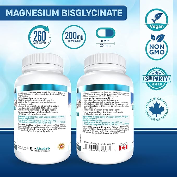Bio Absorb Magnesium Glycinate/Bisglycinate Supplement. 200mg of Chelated Elemental Magnesium. 260 Vegan Capsules (260-Day Supply)