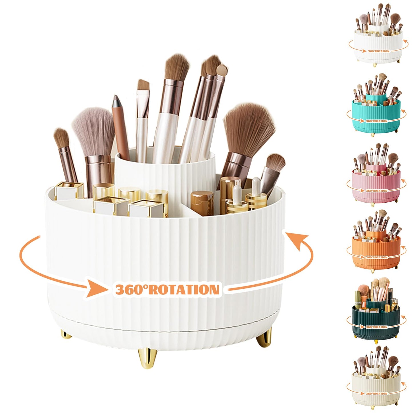 360° Rotating Makeup Organiser, Make Up Brush Holder with 5 Compartments, Desk Storage Container for Bedroom Dressing Table Cosmetics Organizer, Office Stationery Storage, Desktop Pen Holders (White)