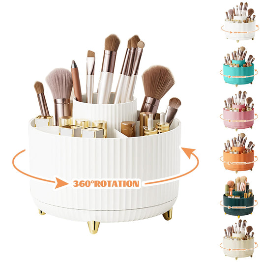 360° Rotating Makeup Organiser, Make Up Brush Holder with 5 Compartments, Desk Storage Container for Bedroom Dressing Table Cosmetics Organizer, Office Stationery Storage, Desktop Pen Holders (White)