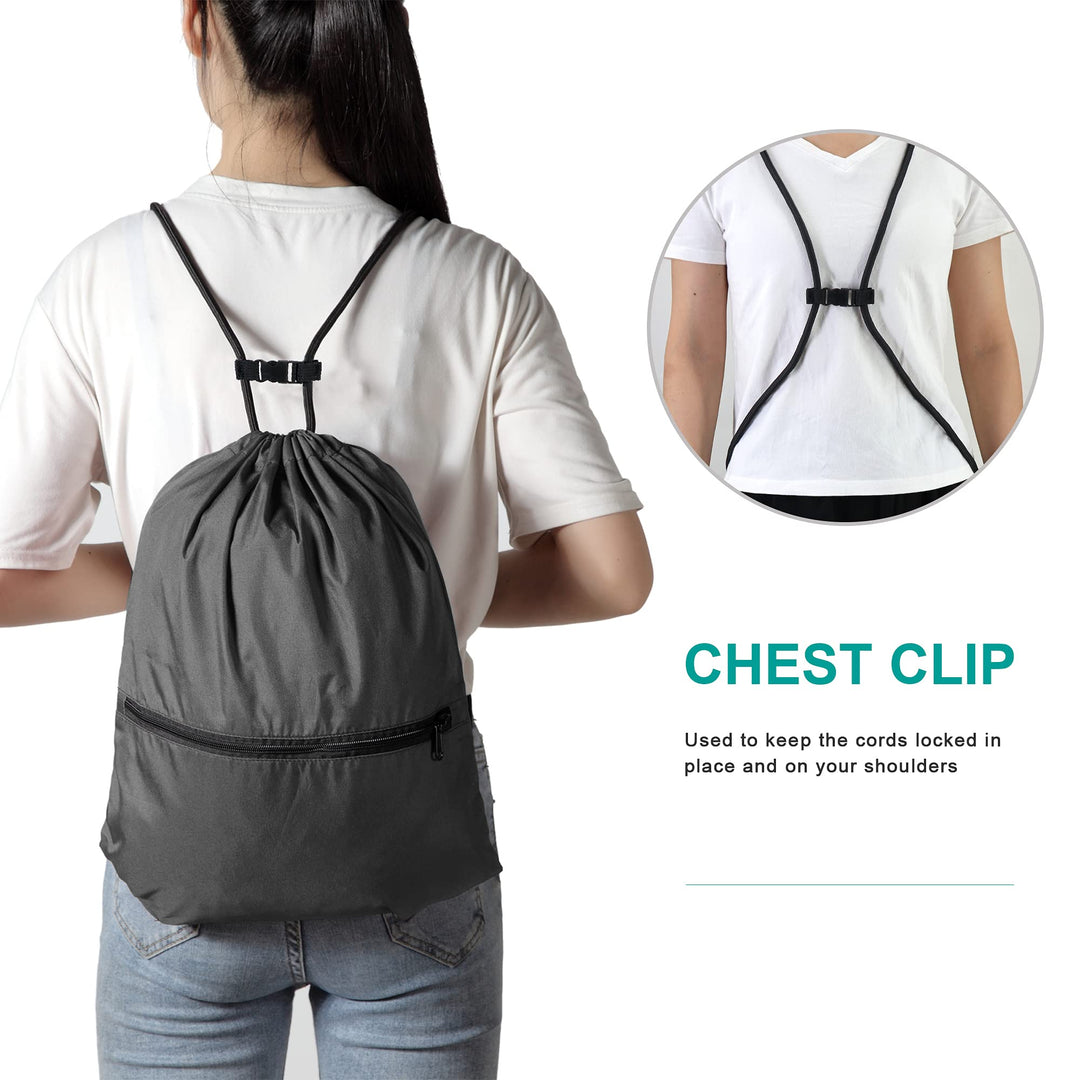 BeeGreen Black-Drawstring-Backpack-Gym-Bag with Front Zipper Pocket and Inner Pocket, Large 18.5" L x 13.8" W String Sackpack Cinch Sack Sports Workout Bag For Men Women