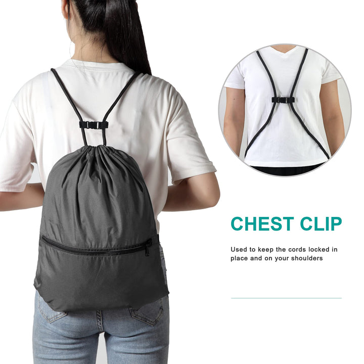 BeeGreen Black-Drawstring-Backpack-Gym-Bag with Front Zipper Pocket and Inner Pocket, Large 18.5" L x 13.8" W String Sackpack Cinch Sack Sports Workout Bag For Men Women