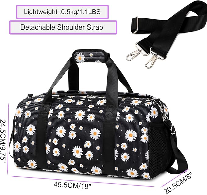 Dance Bag for Girls Corduroy Kids Duffel Bag Ballet Bag for Girls Teen Women Sports Gym Bag Water Resistant Travel Duffle Bags with Shoes Compartment（black daisy）