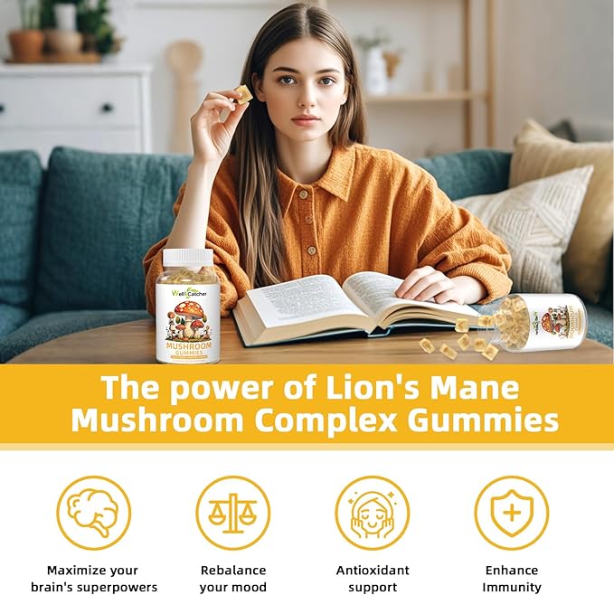 Lion's Mane Mushroom Gummies for Adults - Mushroom Complex Supplement Gummies for Kids Focus And Energy Sugar Free With Cordyceps Green Tea, Mood Gummies Organic Vegan Non Gmo Orange Flavor 60ct