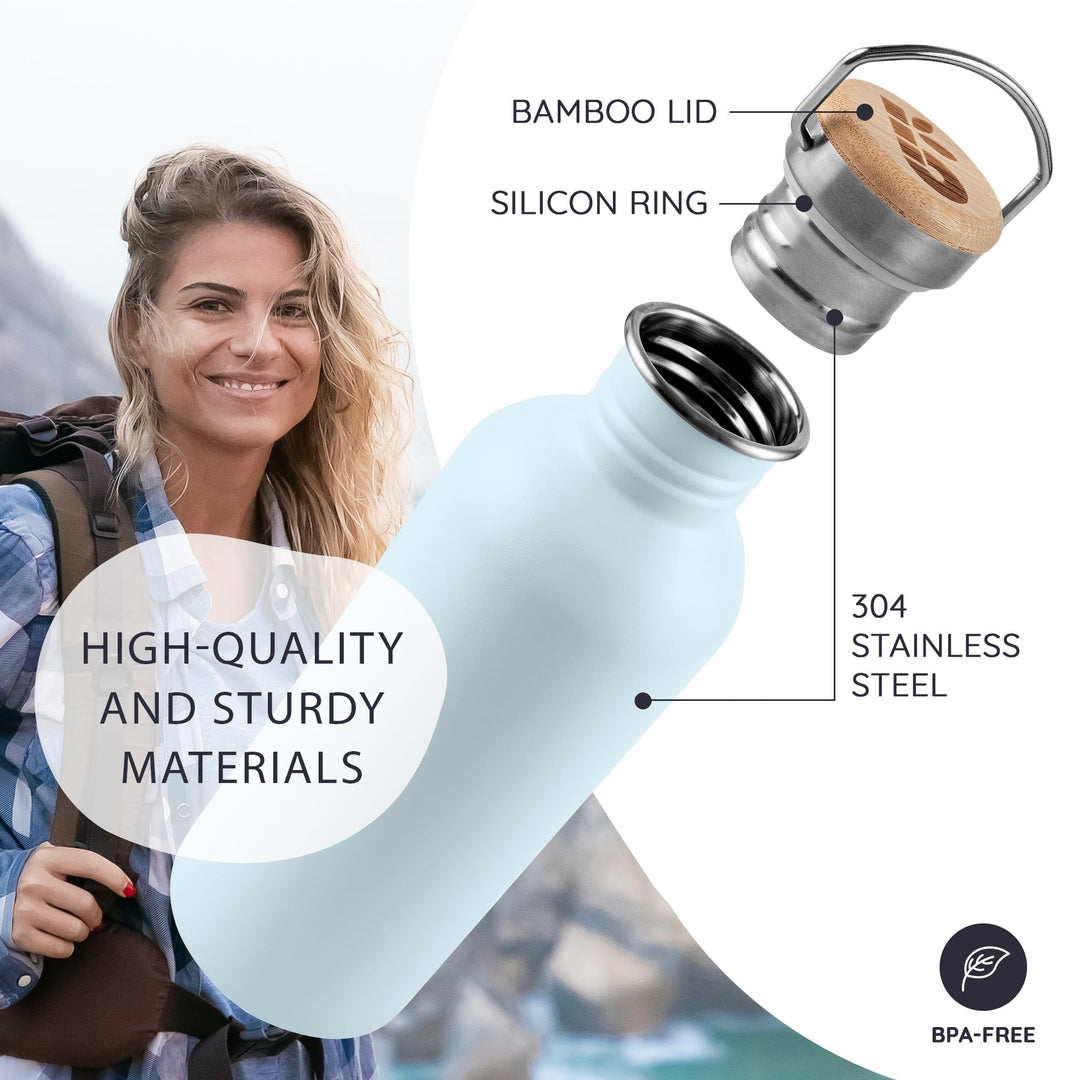 Bambaw Metal Water Bottle 16 oz, Light Blue Water Bottle for School, Non-insulated Single Walled Stainless Steel Water Bottle, Reusable Water Bottle, BPA Free Water Bottle – Ice blue