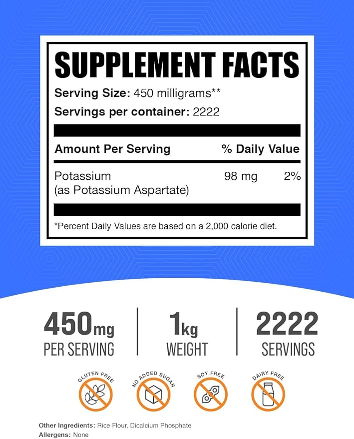 BulkSupplements.com Potassium Aspartate Powder - Potassium Powder Supplement, Potassium Aspartate Supplement - Gluten Free, 450mg (98mg Potassium) per Serving, 1kg (2.2 lbs) (Pack of 1)