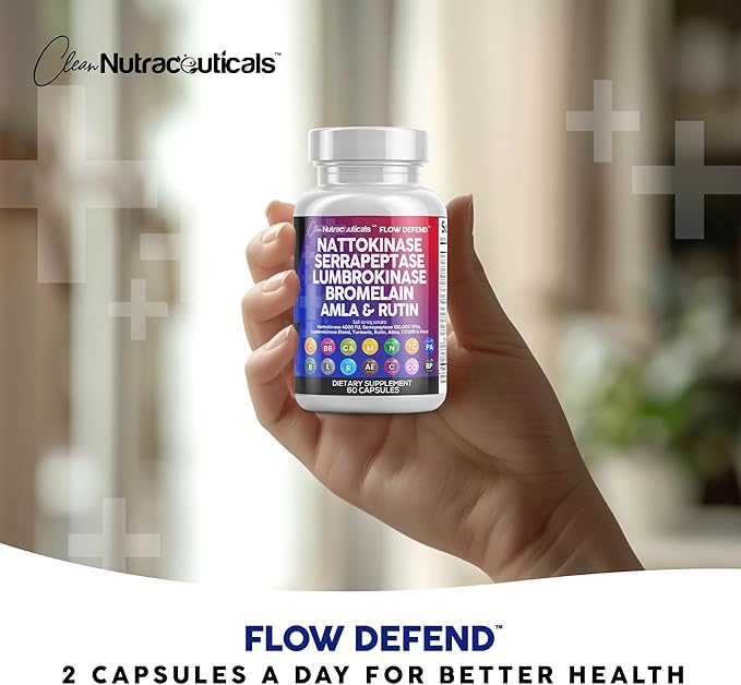 Clean Nutraceuticals Nattokinase 4000 FU Serrapeptase 120000 SPU Lumbrokinase Enzyme Supplement with Bromelain Papain Papaya Enzymes Rutin Extract Amla Magnesium Vitamin B6 & VIT C Capsules