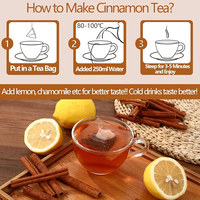 Premium 50 Pure Ceylon Cinnamon Tea Bags, Made with 100% Ceylon Cinnamon Sticks, No Additives & Caffeine Free.