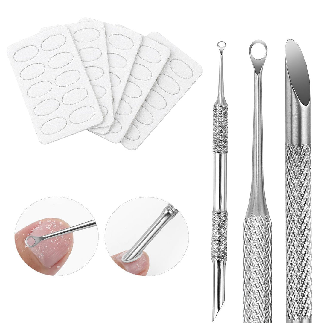 KACHIMOO Cuticle Pusher with 2 Ends,Pre-treatment Cuticle Pusher Cuticle Remover with Sandpaper Sheets,Nail Art Dead Skin Removing Manicure Tool (1 Cuticle Pusher+5 Sandpaper Sheets)