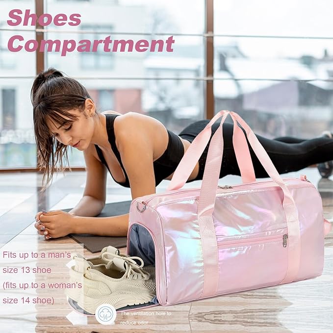 Duffle Bag for Gym Sports Women Girls Workout Travel Bag Weekender with Shoe Compartment and Wet Pocket