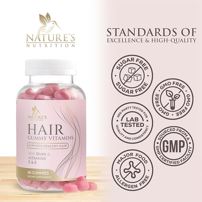 Sugar Free Hair Vitamins Gummies with Biotin 5000 mcg, Vitamin A, B12, C, D, E, Folic Acid, Supports Hair Growth Gummy, Vegetarian Friendly, Supports Strong Beautiful Hair and Nails - 60 Gummies