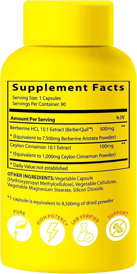 Berberine Supplement 15X Potency, Ceylon Cinnamon for Enhanced Absorption & Synergistic Effects. 8,500mg Per Capsule
