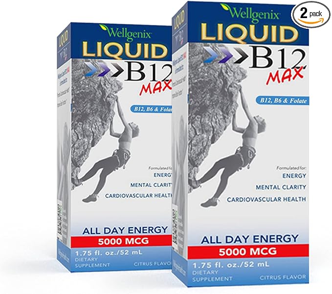 Wellgenix B12 Max Liquid - Vitamin B6, B12 & Folate-High Absorption - Cardiovascular Health, Mental Clarity, Energy Boost & Weight Loss - 1.75oz, 2 Pack