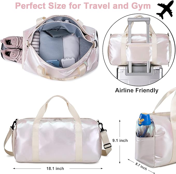 Gym Bag Sports Duffle Bag with Wet Pocket Weekender Overnight Bag with Waterproof Shoe Pouch and Air Hole for Women Girls Travel Foldable Bag (Metallic Beige)