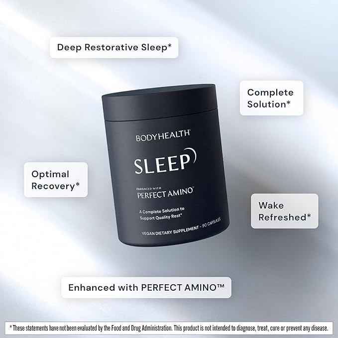 BodyHealth Sleep, Sleep Aid and Supplement for Adults with 3 mg Melatonin, Non-Habit Forming Pills Enhanced with PerfectAmino - 90 Capsules
