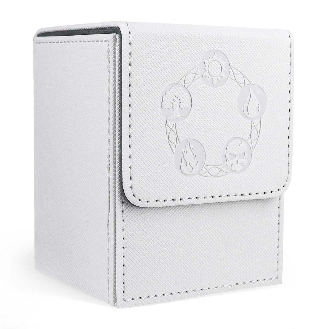 ZLCA Card Deck Box for Trading Cards with 2 Dividers, Card Storage Box Fits 100+ Single Sleeved Cards, PU Leather Strong Magnet Card Deck Case Holder for Magic Commander TCG CCG (White)