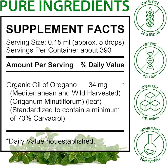 Organic Oregano Oil Liquid Drops, Natural Herbal Supplement with Oil of Oregano Drops, Immune, Digestive Support & Energy, Non-GMO, Gluten Free, 2 FL OZ