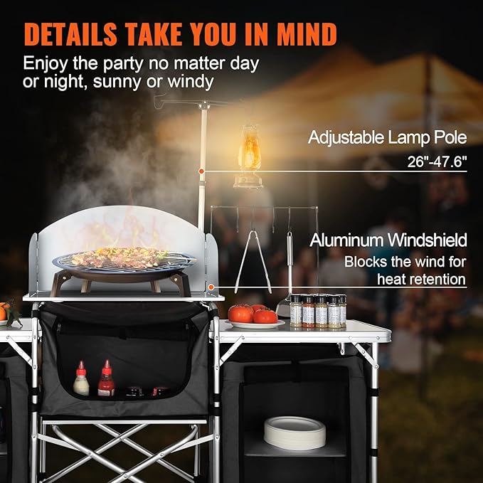 VEVOR Camping Kitchen Table, Folding Outdoor Cooking Table with Storage Carrying Bag, Aluminum Cook Station 3 Cupboard & Detachable Windscreen, Quick Set-up for Picnics, BBQ, RV Traveling, Black